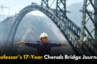 Dr. Madhavi Latha - IISc professor standing in front of the Chenab bridge