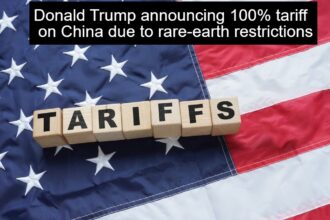 Donald Trump announcing 100% tariff on China due to rare-earth restrictions