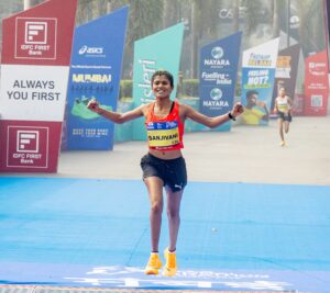 Indian Women's winner Sanjivani Jadhav at the finish line at the Tata Mumbai Marathon 2026